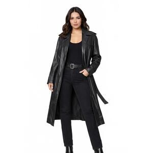 Gianni Vintage 90s 100% Genuine Leather Belted Long Trench Coat -  Black - Sz 42